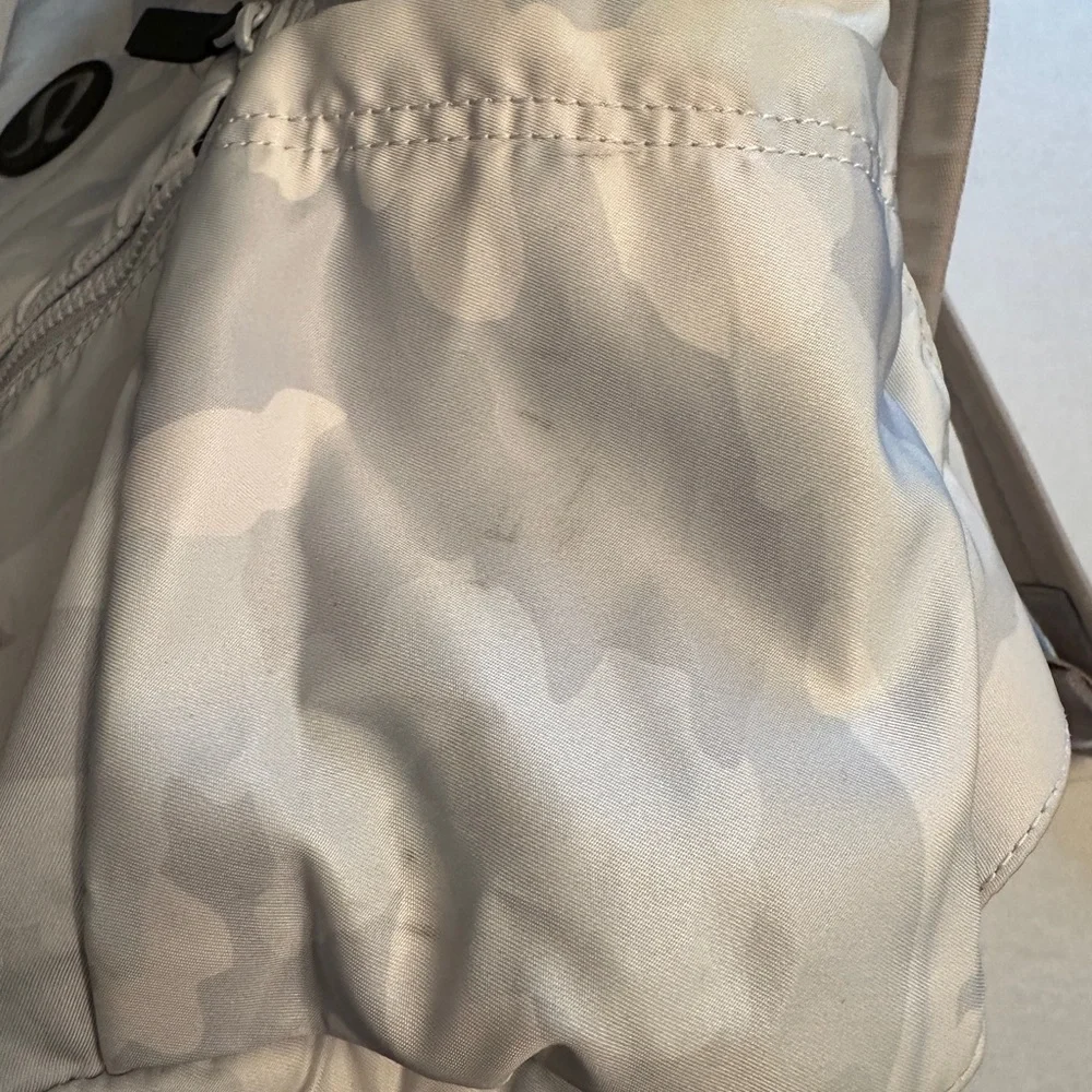 Lululemon‎ Light Gray Camo Backpack Black Logo Hardware Zip Front & Top 18”x16”